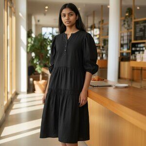 Sea New York Black Puff Sleeve Tiered Dress Size XL Lined Midi Cotton